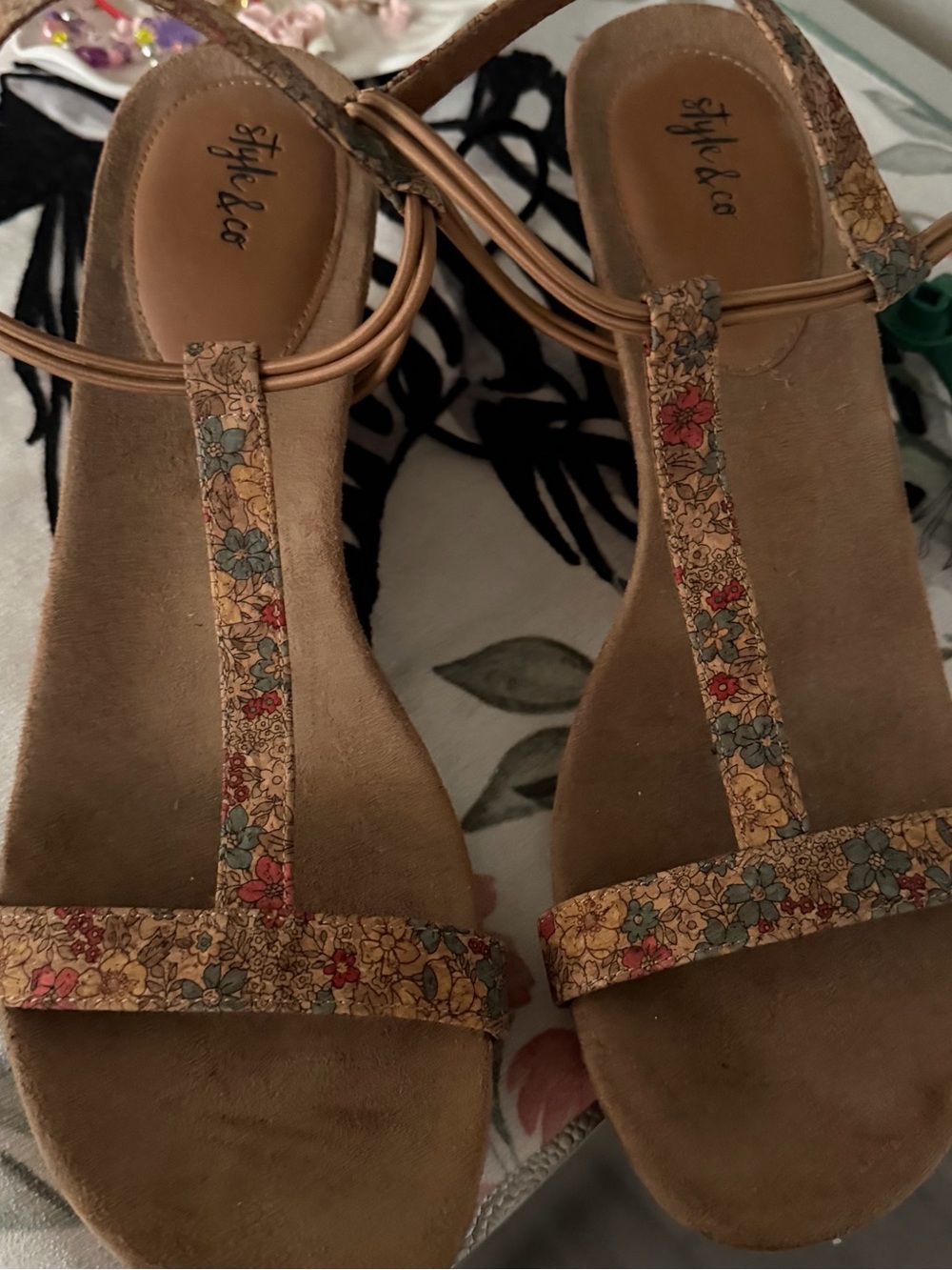 Style & Co. Floral T-Strap Sandals in Tan with Red and Blue Accents